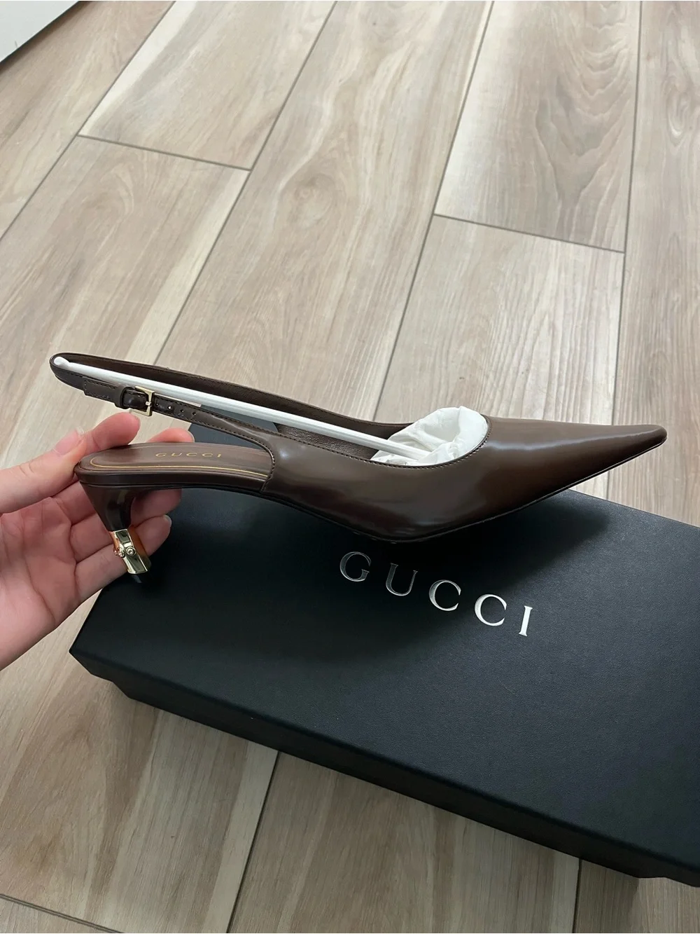 Gucci Brown Patent Leather Pointed Slingback Heel